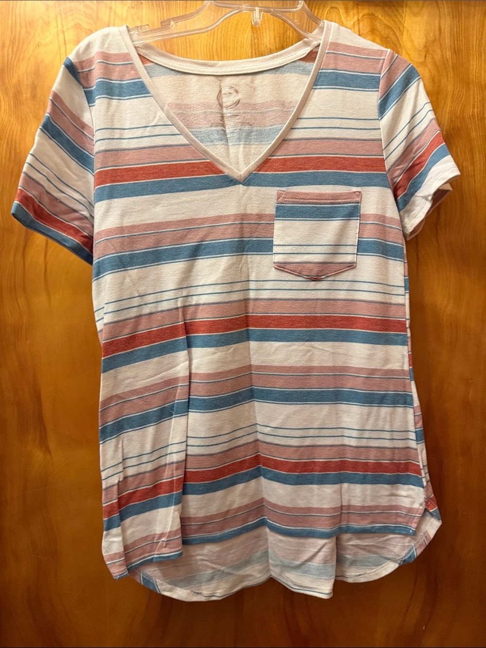 24/7 Comfort Apparel Striped V-Neck Pocket Tee in White, Blue & Pink